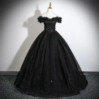 Élégant Noire Appliques Glitter Robe De Bal 2026 Robe Boule De L Épaule Manches Courtes Dos Nu Longue Robe De Ceremonie