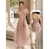 Modest / Simple Blushing Pink Sequins Bridesmaid Dresses 2022 Crossed Straps A-Line / Princess Square Neckline Puffy Short Sleeve Backless Floor-Length / Long Bridesmaid Wedding Party Dresses