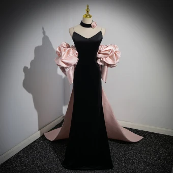 Sexy Negro Vestidos De Noche 2023 Trumpet Mermaid Spaghetti Straps Hinchado Manga Corta Sin Espalda Bowknot Colas De Barrido Noche Vestidos Formales