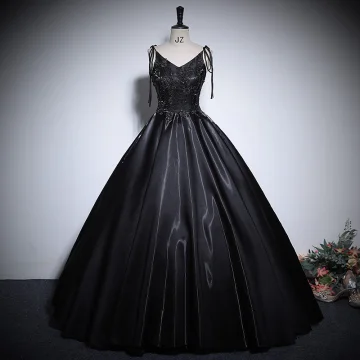 Classic Black Beading Sequins Satin Prom Dresses 2024 Ball Gown V Neck Sleeveless Backless Floor Length Long Prom Formal Dresses