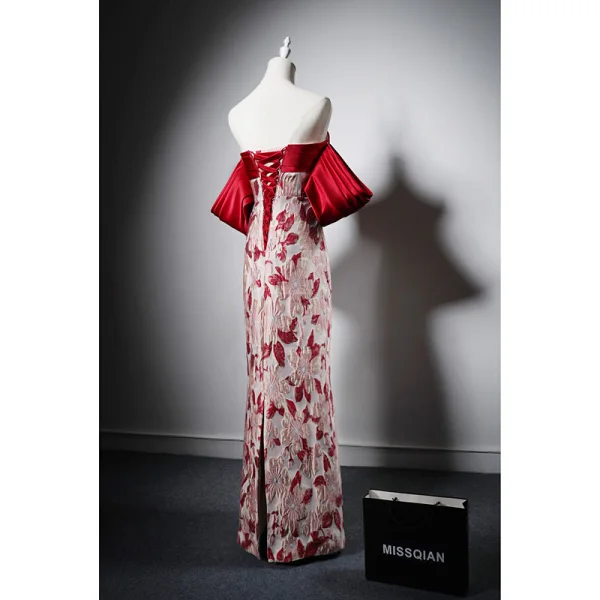 Vintage / Retro Burgundy Printing Evening Dresses 2022 Trumpet / Mermaid Off-The-Shoulder Short Sleeve Backless Floor-Length / Long Evening Party Formal Dresses