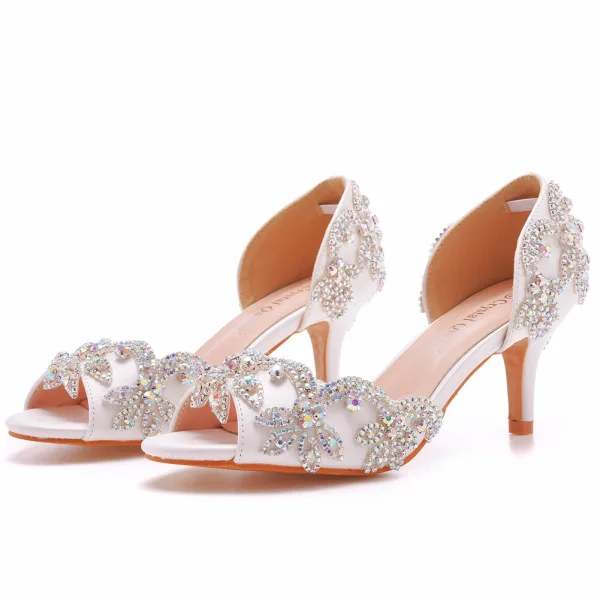 Charming White Rhinestone Wedding Shoes 2023 6 cm Stiletto Heels Open / Peep Toe Wedding Sandals High Heels