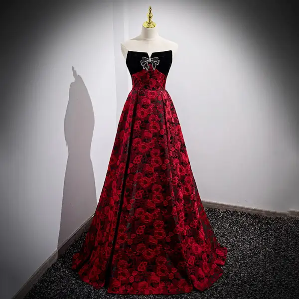 Charming Burgundy Printing Prom Dresses 2022 A-Line / Princess Strapless Rhinestone Bow Sleeveless Backless Floor-Length / Long Prom Formal Dresses