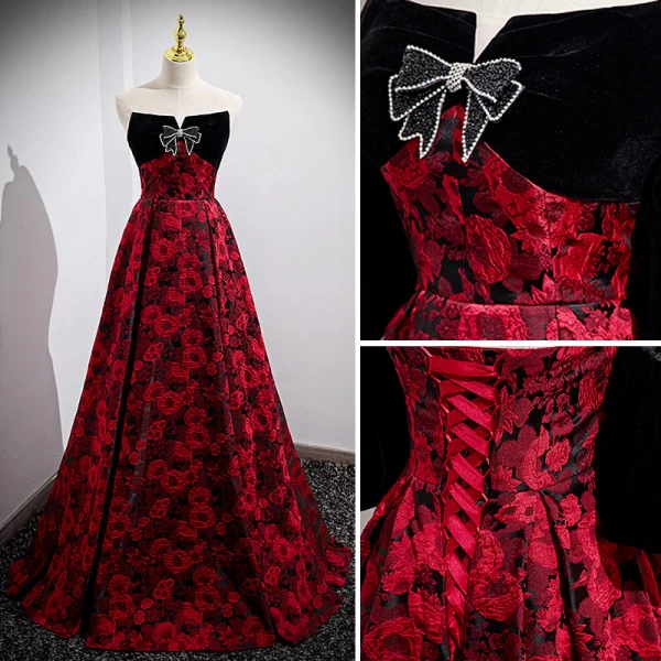 Charming Burgundy Printing Prom Dresses 2022 A-Line / Princess Strapless Rhinestone Bow Sleeveless Backless Floor-Length / Long Prom Formal Dresses