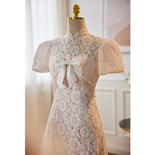 Chinese style White Lace Flower Prom Dresses 2023 A-Line / Princess High Neck Pearl Bow Short Sleeve Backless Tea-length Prom Formal Dresses