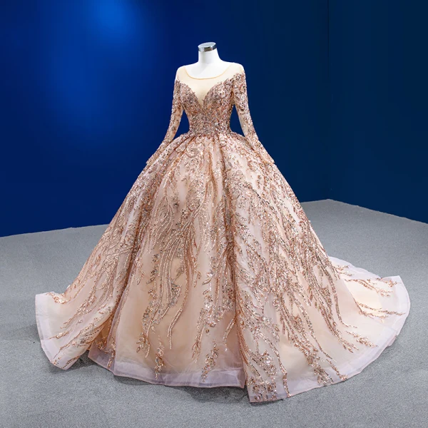Luxury / Gorgeous Sparkly Champagne Handmade  Beading Sequins Wedding Dresses 2022 Ball Gown Scoop Neck Long Sleeve Backless Court Train Wedding