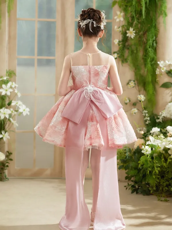 Chic / Beautiful Blushing Pink Beading Pearl Sequins Appliques Birthday Short Flower Girl Dresses 2025 Ball Gown Scoop Neck Tassel Sleeveless