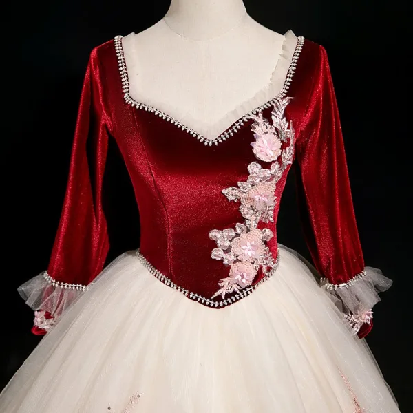 Elegant Burgundy Beading Sequins Lace Flower Appliques Prom Dresses 2025 Ball Gown Square Neckline 3/4 Sleeve Backless Floor-Length / Long Formal Dresses