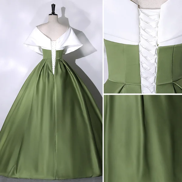 Élégant Vert Foncé Satin Robe De Bal 2023 Robe Boule V-Cou Manches Courtes Dos Nu Longue Promo Robe De Ceremonie