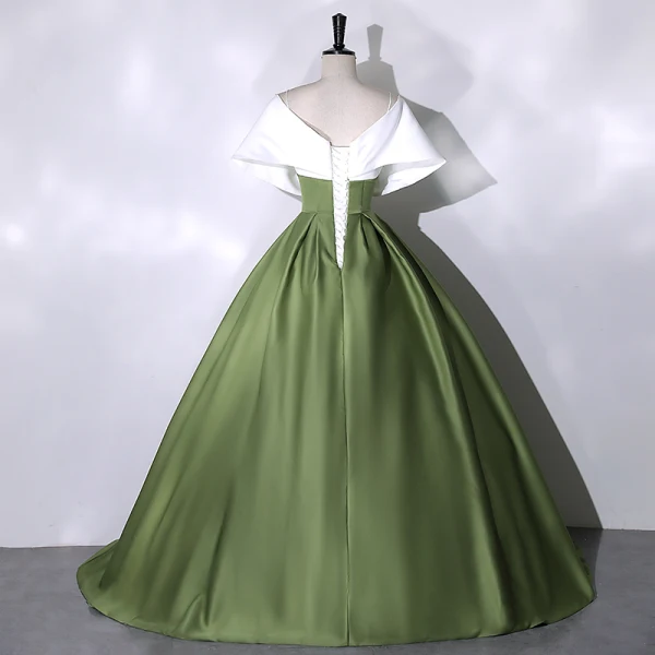 Élégant Vert Foncé Satin Robe De Bal 2023 Robe Boule V-Cou Manches Courtes Dos Nu Longue Promo Robe De Ceremonie