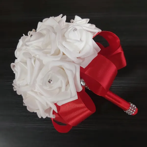 Chic / Belle Rouge Fleur Faux Diamant Bouquet De Mariée 2023 Satin La Mariée Mariage Bouquet De Mariée