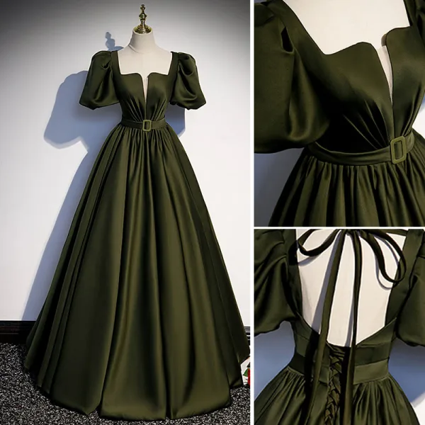 Vintage / Retro Satin Dark Green Prom Dresses 2022 A-Line / Princess Square Neckline Puffy Short Sleeve Backless Bow Sash Floor-Length / Long Formal Dresses