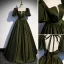 Vintage / Retro Satin Dark Green Prom Dresses 2022 A-Line / Princess Square Neckline Puffy Short Sleeve Backless Bow Sash Floor-Length / Long Formal Dresses