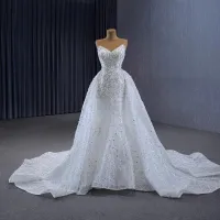 Occidental Blanco Hecho a mano Rebordear Perla Lentejuelas Vestidos De Novia 2024 Trumpet / Mermaid Sin Tirantes Sin Mangas Sin Espalda Colas De La Corte