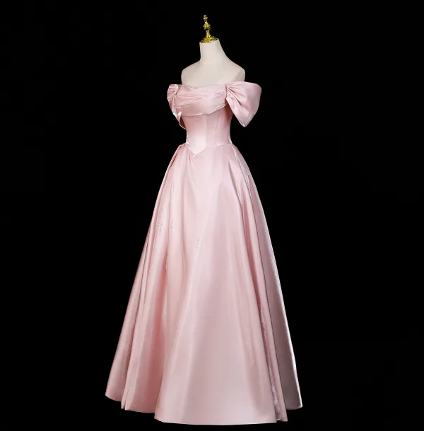 Chic / Beautiful Blushing Pink Pearl Satin Prom Dresses 2025 A-Line / Princess Off-The-Shoulder Short Sleeve Backless Floor-Length / Long Formal Dresses