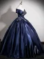 Vintage / Retro Navy Blue Beading Prom Dresses 2025 Ball Gown Off-The-Shoulder Sleeveless Backless Floor-Length / Long Formal Dresses