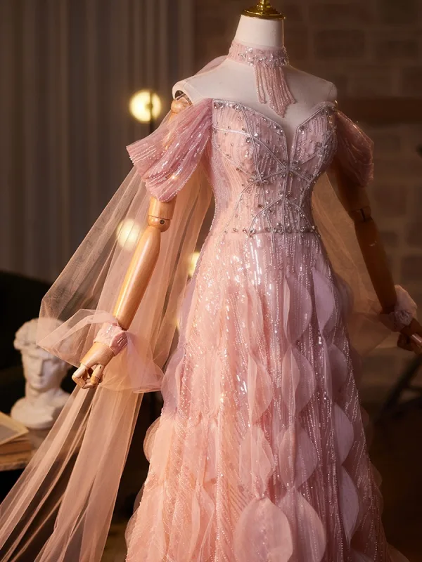 Luxus / Herrlich Rosa Handgefertigt Perlenstickerei Pailletten Strass Ballkleider 2025 A Linie Off Shoulder Kurze Ärmel Sweep / Pinsel Zug Ball Festliche Kleider