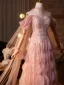 Luxus / Herrlich Rosa Handgefertigt Perlenstickerei Pailletten Strass Ballkleider 2025 A Linie Off Shoulder Kurze Ärmel Sweep / Pinsel Zug Ball Festliche Kleider