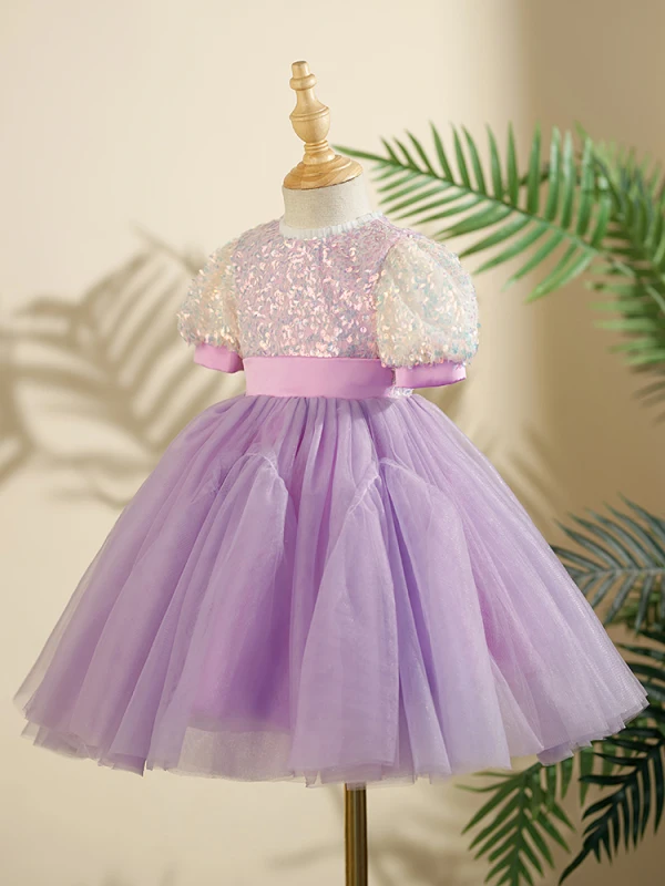 Bling Bling Lavender Beading Sequins Birthday Short Flower Girl Dresses 2024 Ball Gown Scoop Neck Short Sleeve