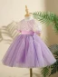 Bling Bling Lavender Beading Sequins Birthday Short Flower Girl Dresses 2024 Ball Gown Scoop Neck Short Sleeve