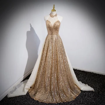 Scintillantes Doré Perlage Paillettes Gland Robe De Bal 2023 Princesse Titulaire Sans Manches Dos Nu Train De Balayage Robe De Ceremonie