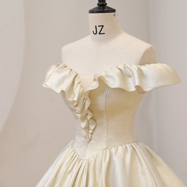 Élégant Champagne Glitter Robe De Bal 2022 Robe Boule De l'épaule Manches Courtes Dos Nu Longue Promo Robe De Ceremonie