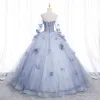 Chic / Beautiful Sky Blue Appliques Prom Dresses 2022 Ball Gown Strapless Long Sleeve Backless Floor-Length / Long Prom Formal Dresses