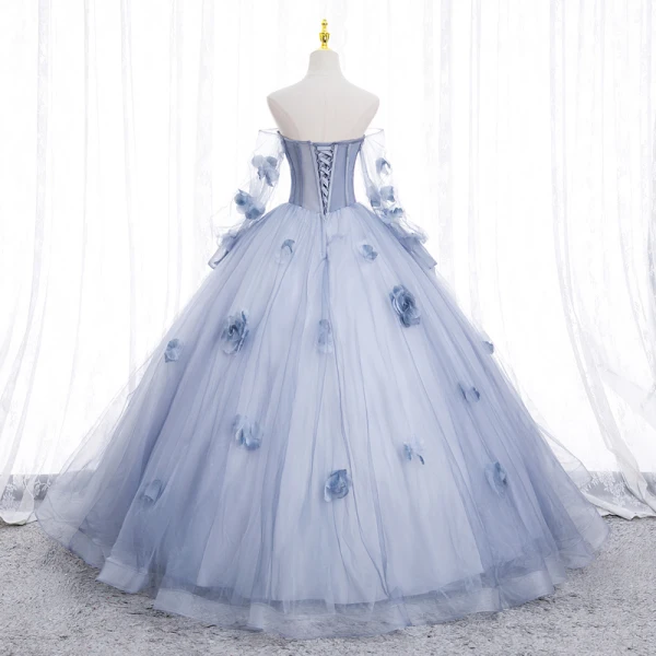 Elegant Sky Blue Appliques Prom Dresses 2023 Ball Gown Off-The-Shoulder 3/4 Sleeve Backless Floor-Length / Long Tulle Prom Formal Dresses