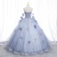 Elegant Sky Blue Appliques Prom Dresses 2023 Ball Gown Off-The-Shoulder 3/4 Sleeve Backless Floor-Length / Long Tulle Prom Formal Dresses