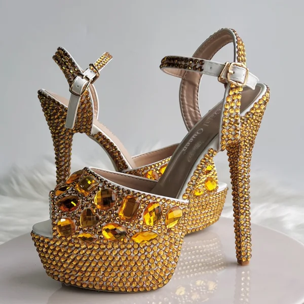 Sparkly Silver Wedding Shoes 2018 Crystal Rhinestone Ankle Strap 14 cm Stiletto Heels Open / Peep Toe Wedding High Heels