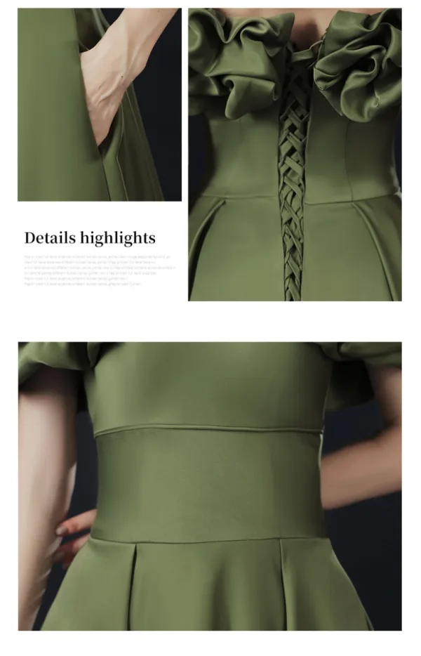 Vintage / Originale Olive Verte De l'épaule Robe De Bal 2021 Princesse Bretelles croisées Volants Manches Courtes Couleur Unie Satin Train De Balayage Robe De Soirée