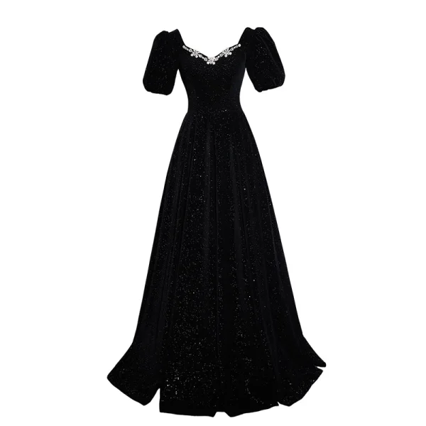 Elegant Black Rhinestone Velvet Evening Dresses 2023 A-Line / Princess V-Neck Short Sleeve Backless Floor-Length / Long Prom Formal Dresses