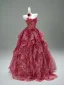 Luxury / Gorgeous Burgundy Appliques Cascading Ruffles Prom Dresses 2025 Ball Gown Strapless Sleeveless Backless Sweep Train Formal Dresses