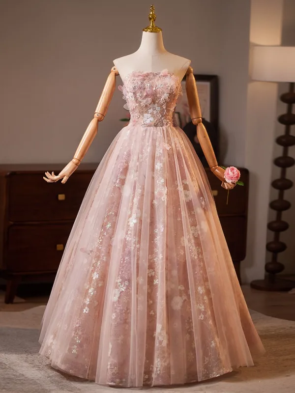 Fabelhaft Rosa Perlenstickerei Perle Pailletten Applikationen Ballkleider 2025 Ballkleid Bandeau Mantel Ärmellos Rückenfreies Lange Tülle Ball