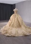 Luxus / Herrlich Gold Handgefertigt Pailletten Spitze Star Ballkleider 2024 Ballkleid Rundhalsausschnitt Kurze Ärmel Kapelle-Schleppe Ball Festliche Kleider