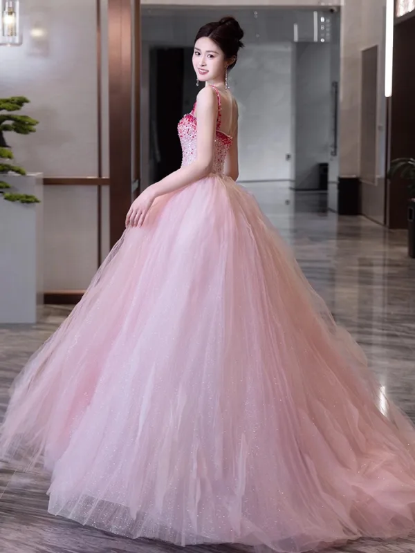 Chic / Belle Rougissant Rose Perlage Paillettes Robe De Bal 2024 Robe Boule Bretelles Spaghetti Sans Manches Dos Nu Longue Promo Robe De Ceremonie