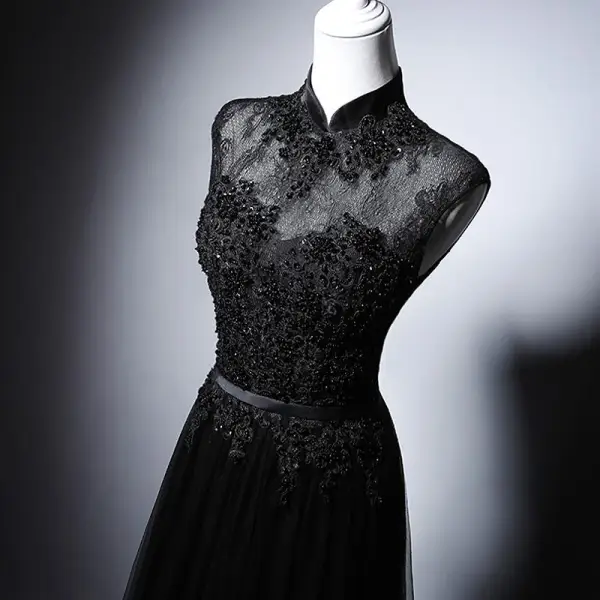 Vintage / Retro Chinese style Black Beading Lace Flower Cheongsam / Qipao Evening Dresses 2025 A-Line / Princess High Neck Sleeveless Floor-Length / Long Evening Party Cheongsam