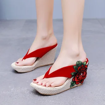 Cyganeria Czerwone Z Koronki Kwiat Plaża Sandały Damskie 2024 9 Cm Na Koturnie Peep Toe Sandały