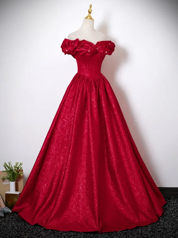 Chic / Beautiful Red Glitter Prom Dresses 2025 A-Line / Princess Off-The-Shoulder Short Sleeve Backless Floor-Length / Long Formal Dresses