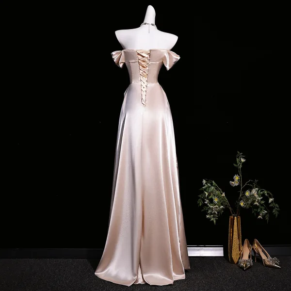 Tailliert Champagner Satin Abendkleider 2026 A Linie Off Shoulder Kurze Ärmel Rückenfreies Lange Festliche Kleider