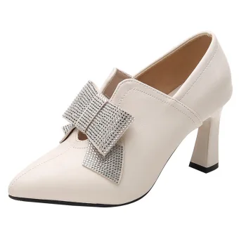 Fashion Beige Casual Rhinestone Bow Womens Shoes 2022 7 Cm Stiletto Heels Pointed Toe Womens Shoes High Heels