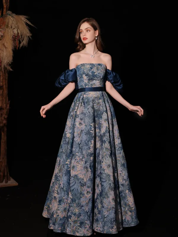 Vintage / Retro Ocean Blue Prom Dresses 2022 A-Line / Princess Square Neckline Puffy Short Sleeve Sash Backless Floor-Length / Long Prom Formal Dresses