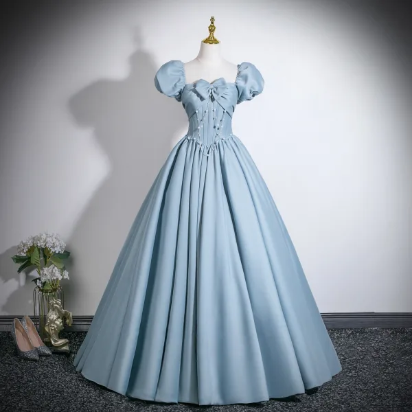 Élégant Bleu Ciel Noeud Robe De Bal 2026 Robe Boule Encolure Carrée Gonflée Manches Courtes Dos Nu Longue Robe De Ceremonie