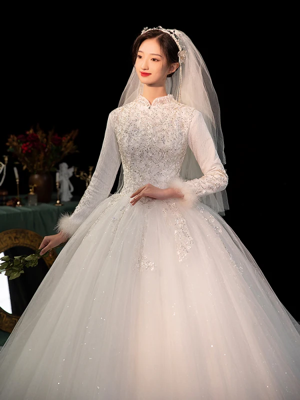 Muslim Elegant Ivory Beading Pearl Sequins Winter Wedding Dresses 2023 Ball Gown High Neck Long Sleeve Royal Train Wedding