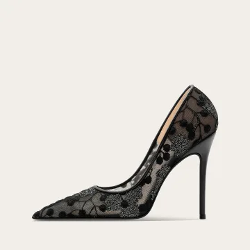 Vintage Zwarte Geborduurde Avond Pumps 2025 10 Cm Naaldhakken Stiletto Spitse Neus Pumps Hoge Hakken