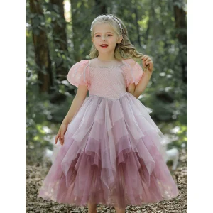 Charmant Rougissant Rose Faux Diamant Paillettes Volants En Cascade Anniversaire Robe Ceremonie Fille 2023 Princesse Encolure Carrée Manches Courtes Thé Longueur Robe Ceremonie Fille