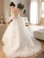 Charming White Tassel Pearl Cascading Ruffles Wedding Dresses 2024 A-Line / Princess Strapless Sleeveless Backless Court Train Wedding