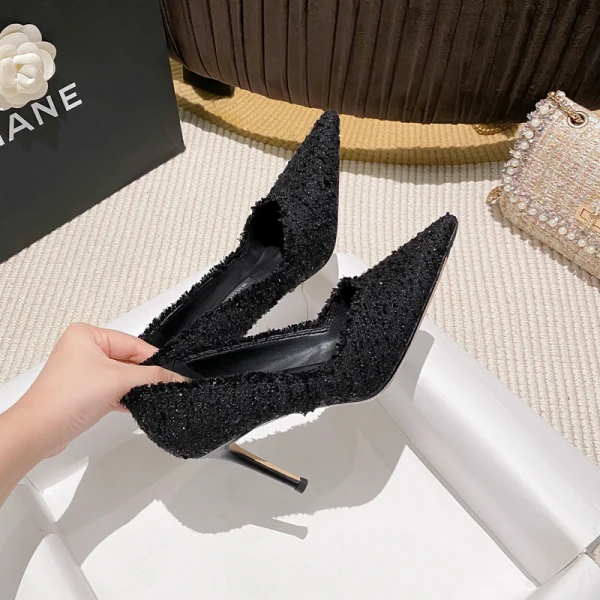 Fashion Black Evening Party Pumps 2023 Leather 8 cm Stiletto Heels Pointed Toe Pumps High Heels