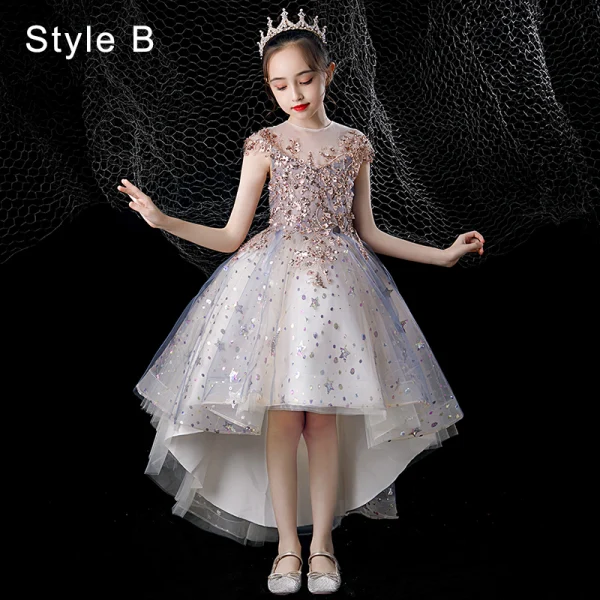 Charmant Bleu Ciel Perlage Étoile Paillettes Anniversaire Robe Ceremonie Fille 2022 Robe Boule Encolure Dégagée Sans Manches Dos Nu Longue Robe Ceremonie Fille