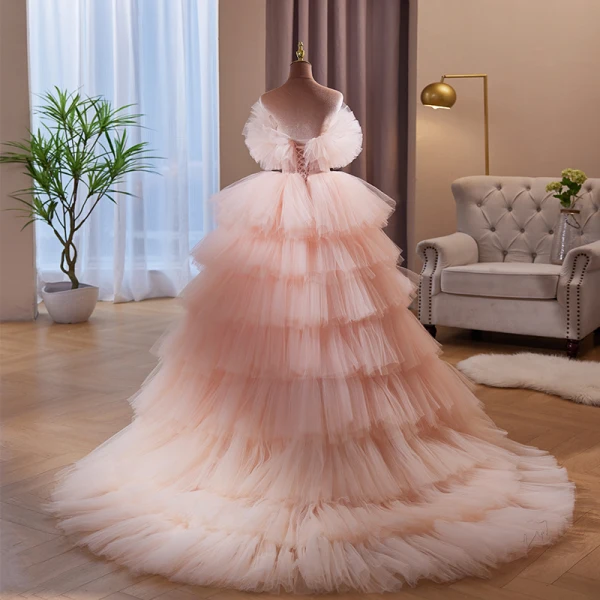 Charmant Rougissant Rose Volants en Cascade Percé Robe De Soirée 2023 Robe Boule Bustier Sans Manches Dos Nu Tribunal Train Soirée Robe De Ceremonie
